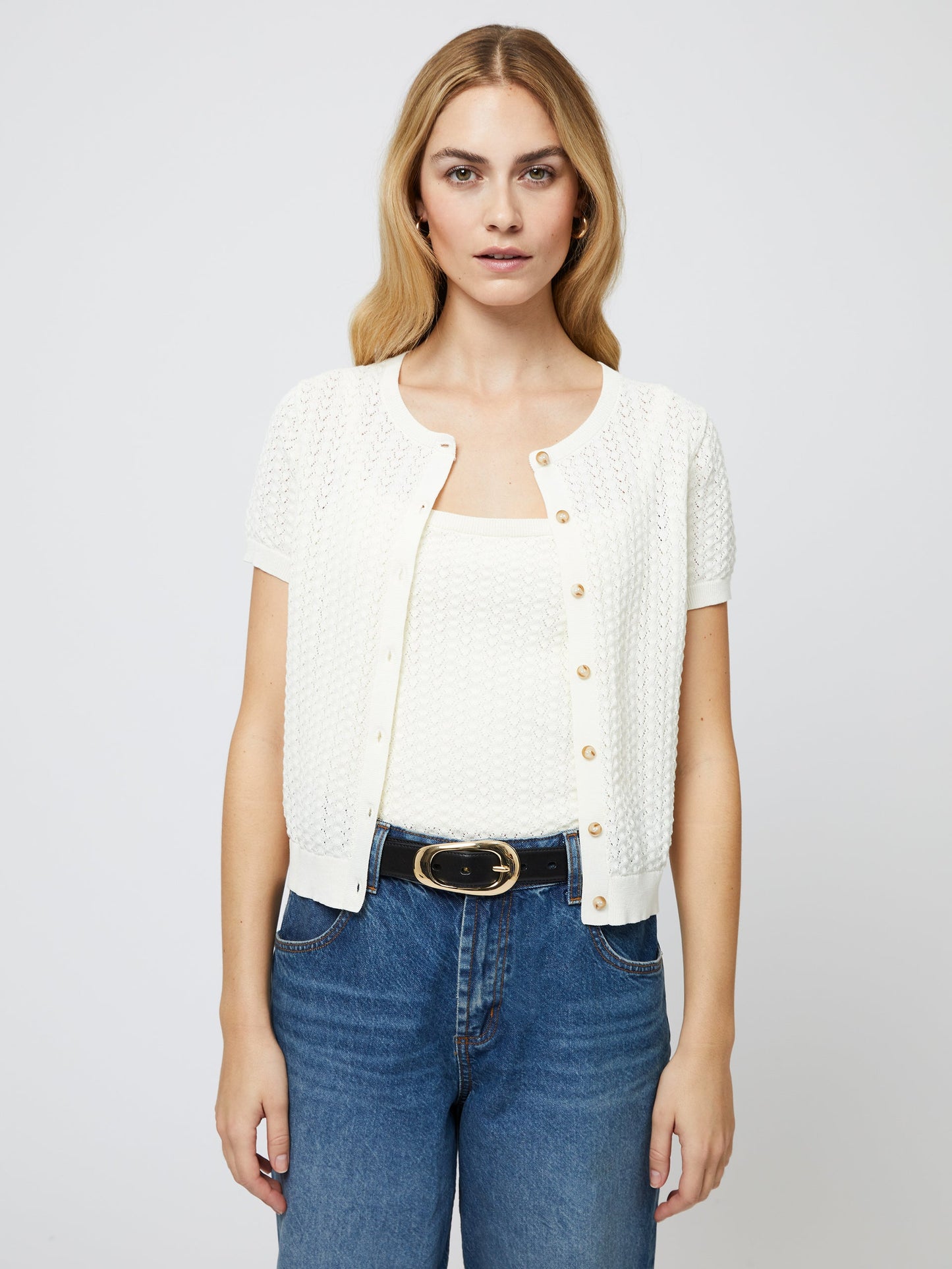 COTTON BLEND POINTELLE CARDIGAN