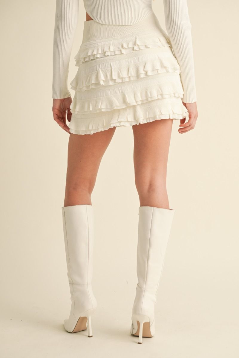 LIGHTWEIGHT KNIT RUFFLED TIERED MINI SKIRT
