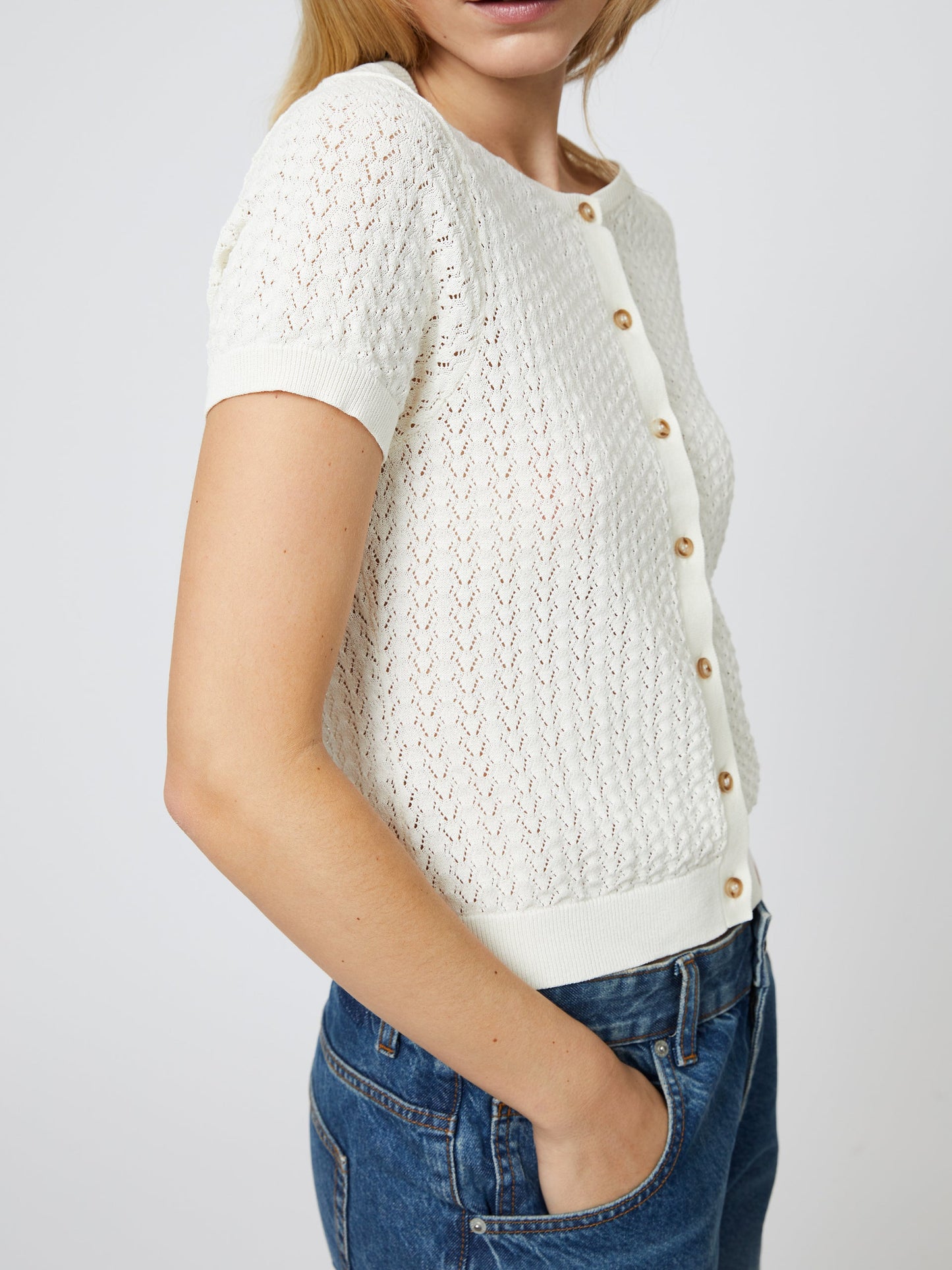 COTTON BLEND POINTELLE CARDIGAN
