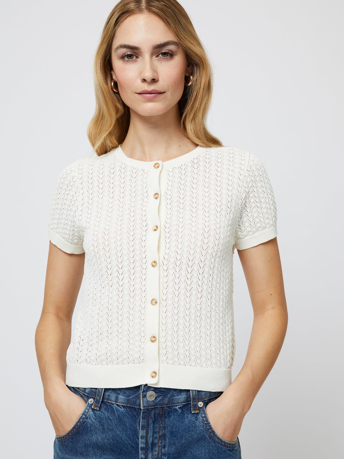 COTTON BLEND POINTELLE CARDIGAN