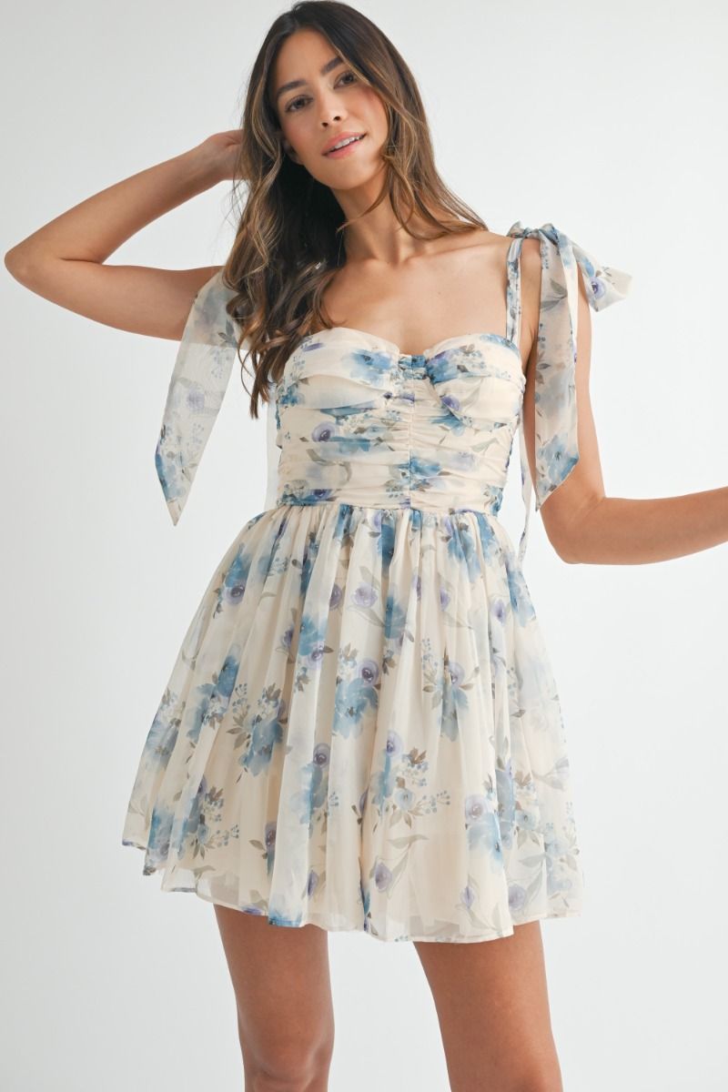 FLORAL PRINTED TIED SHOULDER MINI DRESS